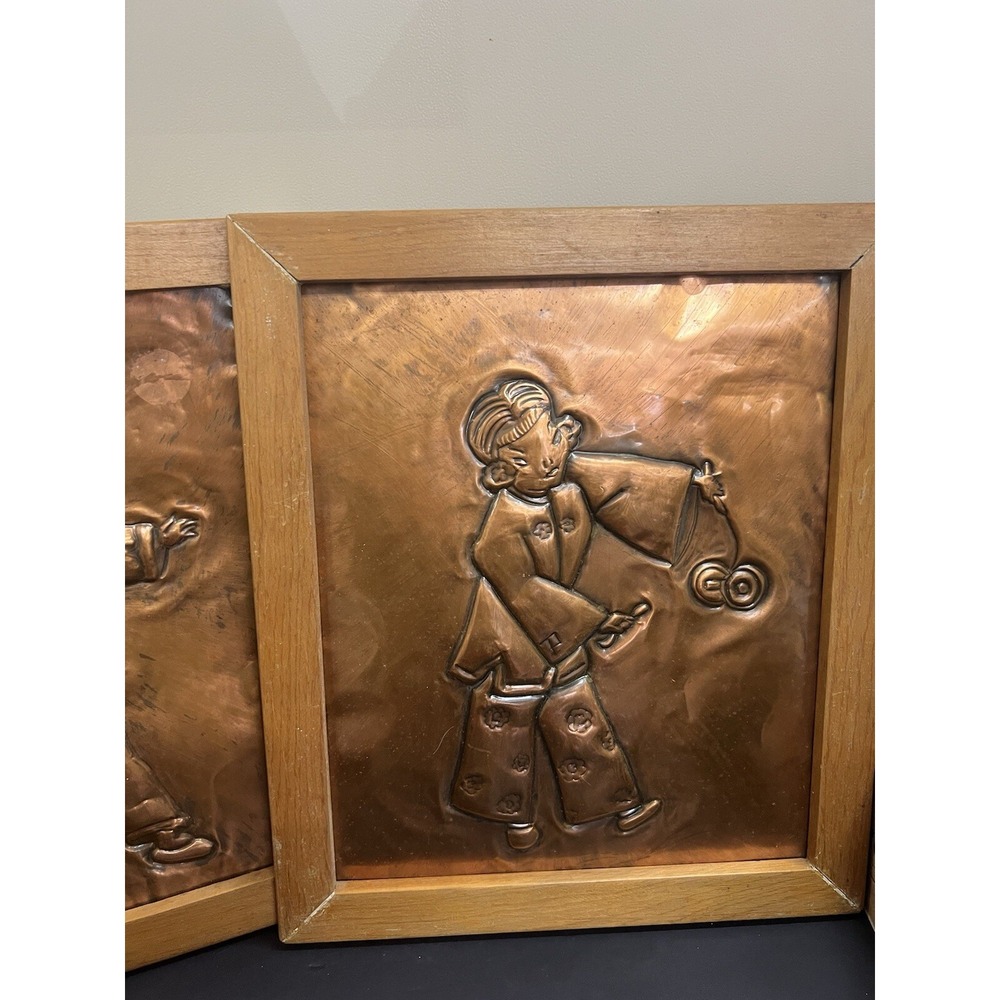 Vintage SET 11.75" X 8.25" Copper Raised Chinese Girl Boy Picture (774) - Picture 2 of 9